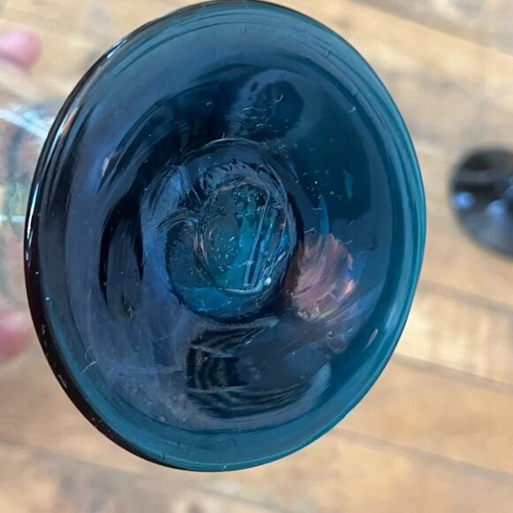 Blue & Green Goblet Wine Glasses Set of 3 Handblown Bubbles Mexico - Picture 11 of 15